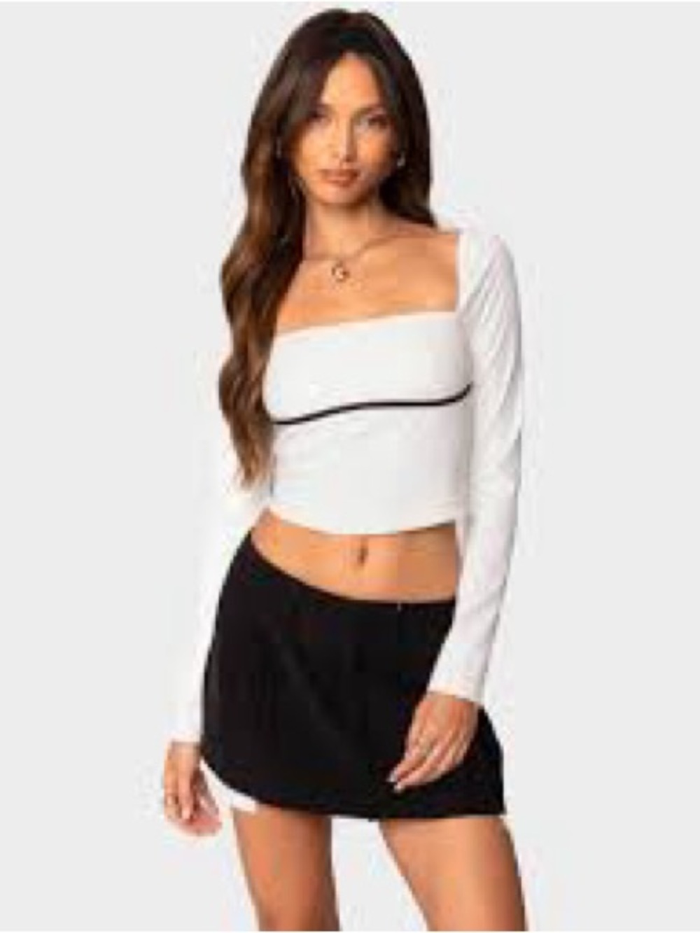 Edikted White Coco Contrast Long-Sleeve Square Neck Crop Top with Black Trim